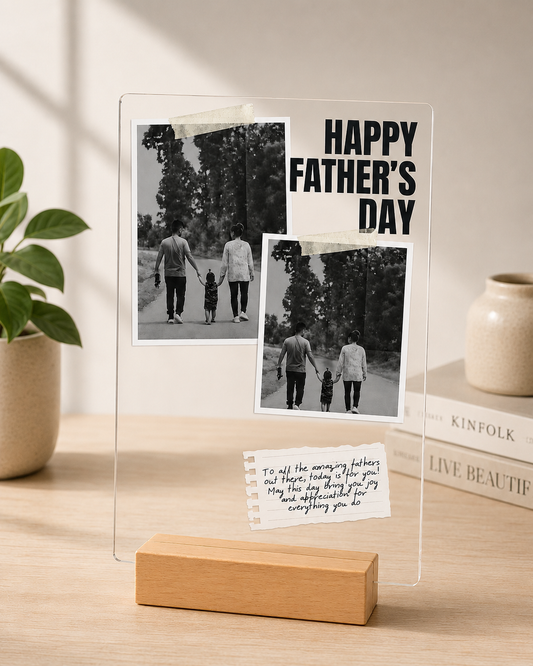 Happy Father's Day – Dual Photo Acrylic Plaque with Wooden Stand