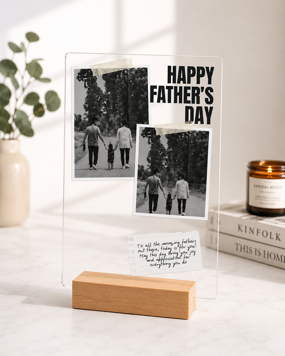 Happy Father's Day – Dual Photo Acrylic Plaque with Wooden Stand