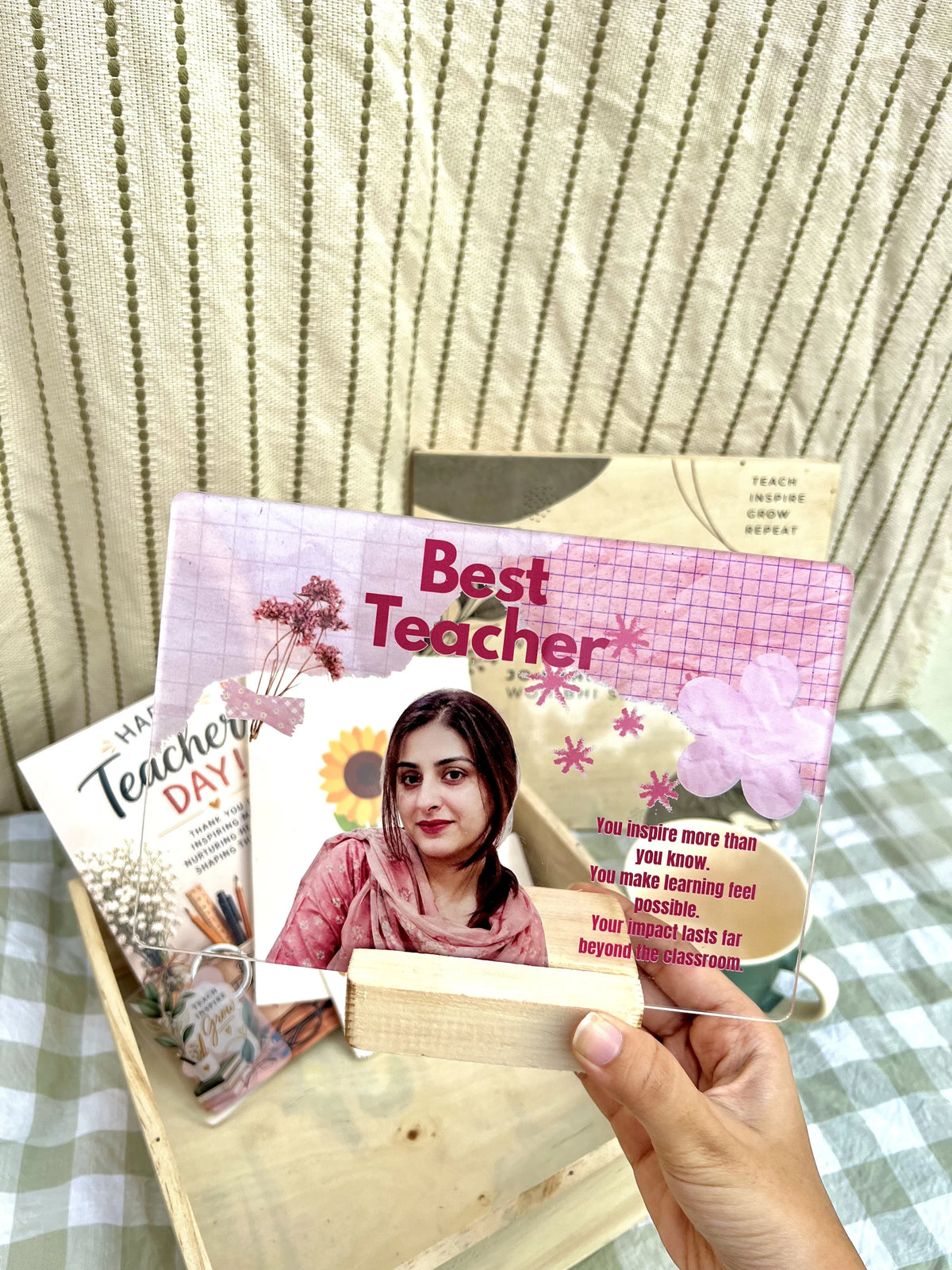Teacher's Day wooden gift hamper with UV printed lid and acrylic frame