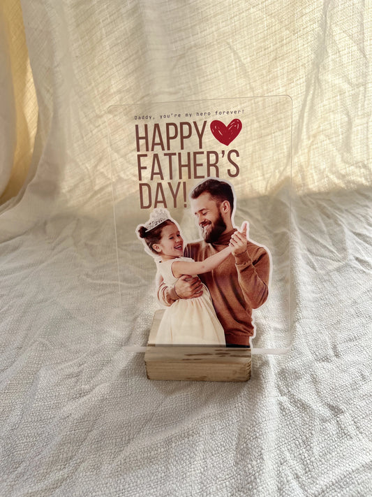 Daddy You're My Hero Happy Father's Day custom acrylic frame with wooden stand