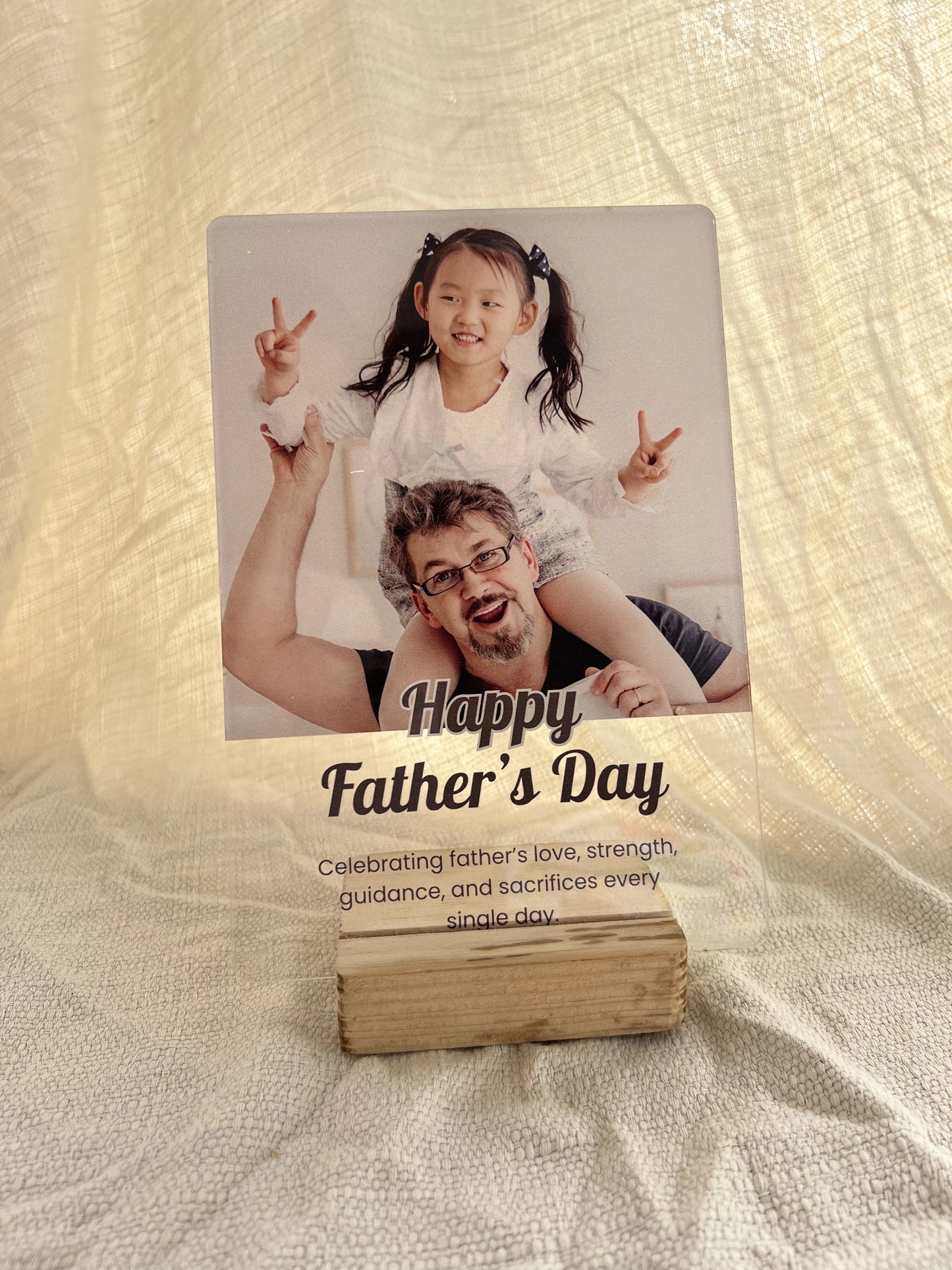 Celebrating Dad Happy Father's Day custom photo acrylic frame with wooden stand