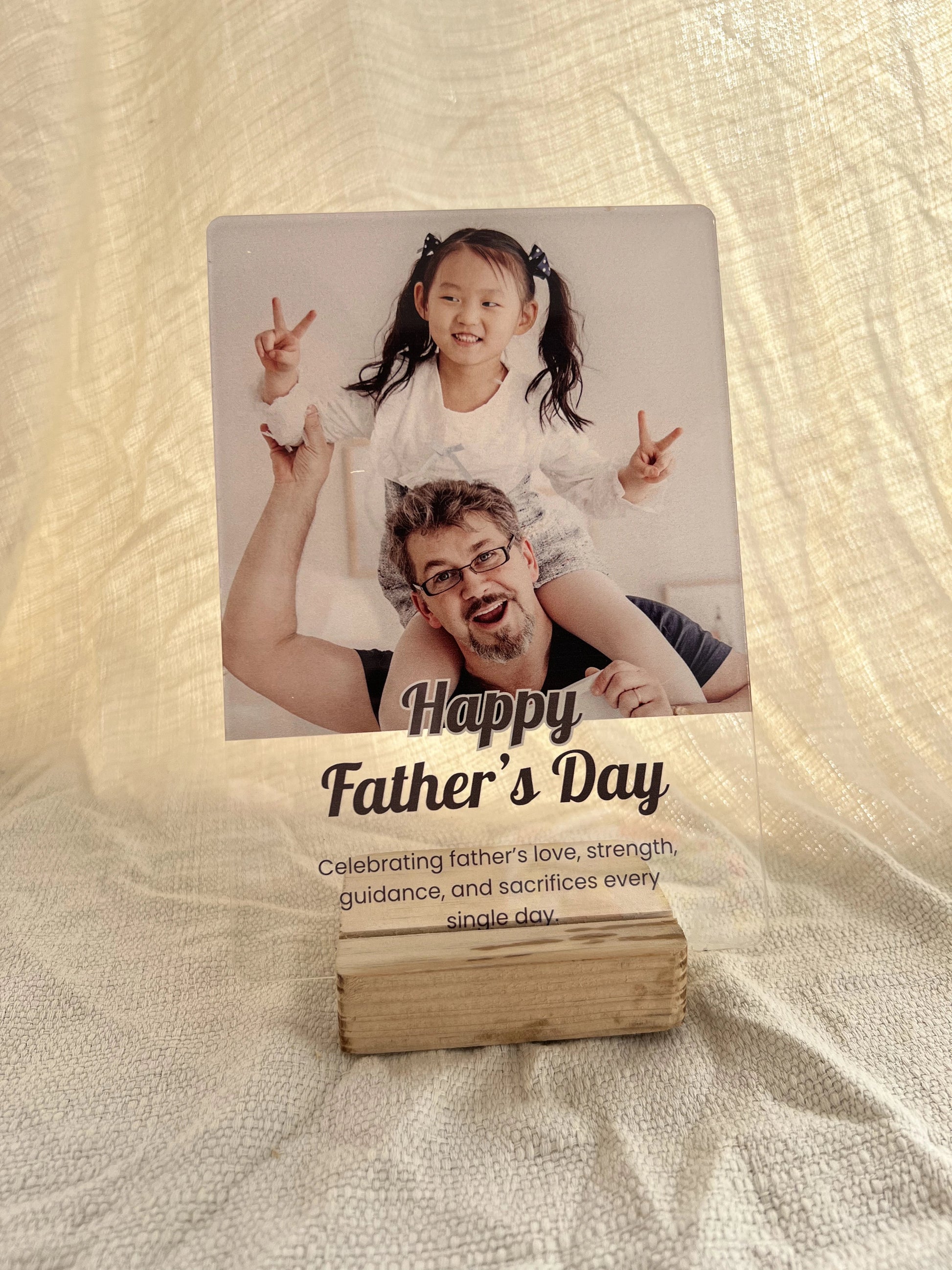 Celebrating Dad Happy Father's Day custom photo acrylic frame with wooden stand