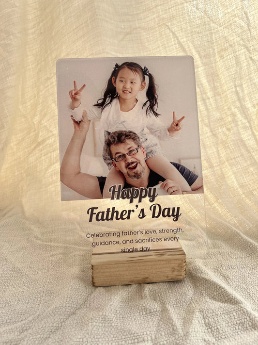 Celebrating Dad Happy Father's Day custom photo acrylic frame with wooden stand